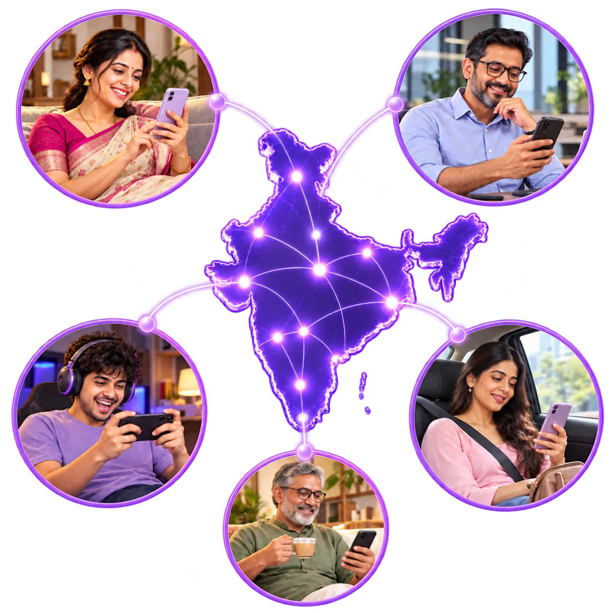Glowing map of India connecting everyday people across the country, each using their phone
